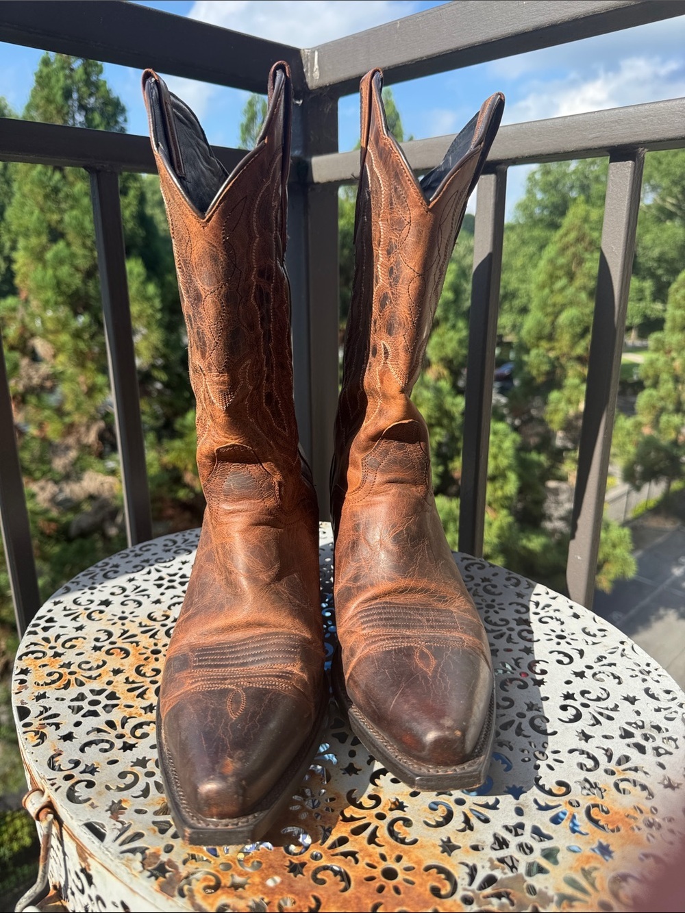 J.B. Dillon Distressed Cognac Leather Western Boots